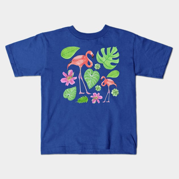 Flamingos Lilies and Monstera and Philodendron Gloriosum Leaves Kids T-Shirt by Penny Passiflora Studio